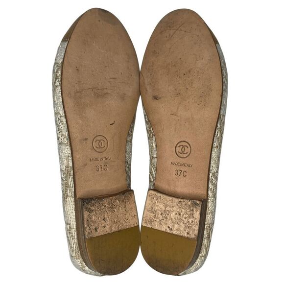 Chanel Tweed & Gold Cap Toe Ballet Flats 37C Classic Logo Flats Interlocking C - Picture 10 of 13